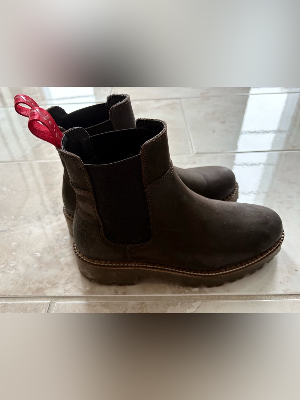 Pajar Women's Brown Chelsea Boots with Red Pull Tabs